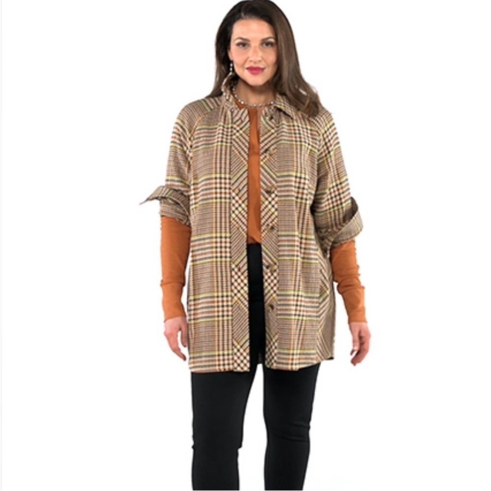 Cabi Yorkshire Shacket Size Small Brown Houndstooth Plaid Fall Brown Tan Cotton